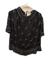 Women’s Papell Boutique Evening Black Beaded 100% Silk Top Size 1X (371)