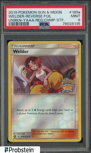 2019 POKEMON S & M UNBROKEN BONDS #189a WELDER-REV.FOIL YAAA REG.CHMP-STF. PSA 9