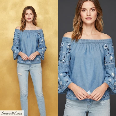 Camisa Pepe Jeans Nueva M Azul Vaqueros Floral Sin Hombros Mujer Top Bordado Verano - Imagen 1 de 4