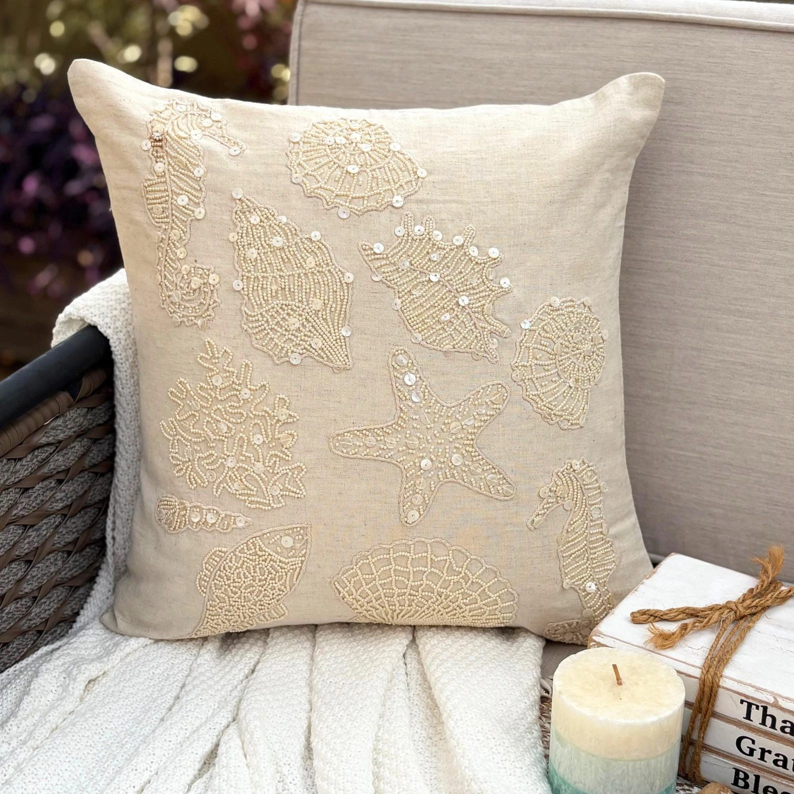 Decorative Cushion Cover Beige 16"x16", Sofa Decor Cotton - Pearly Sea Bed