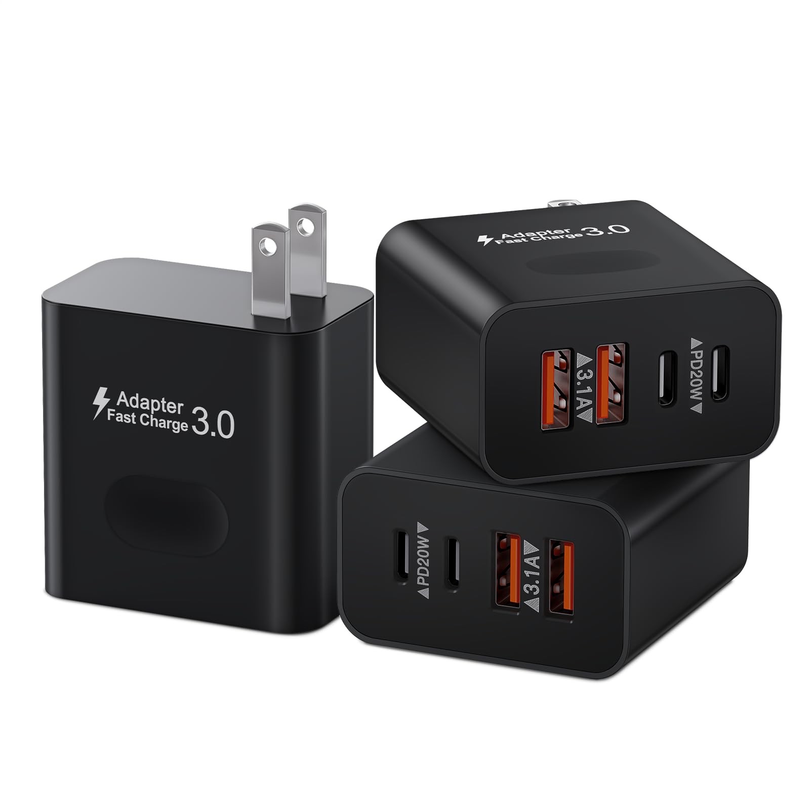 40W 4-Port USB C Fast Charger with Dual Type C & Dual USB Adapter 3-Pack