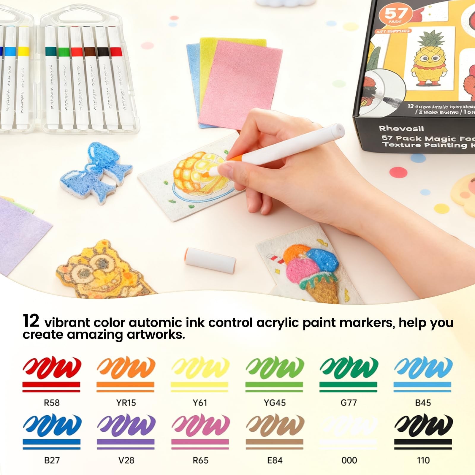 Rhevosil 57 Pcs Magic Foam Texture Painting Kit, Magical 3D Effect Painting K...