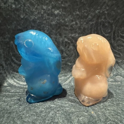 Vintage Opaline Milk Glass Bunny Rabbits Peach & Blue Mini Figurines Easter 2”
