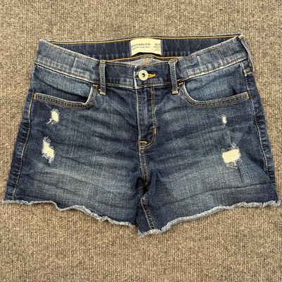Abercrombie Kids Denim Shorts Girls 15/16 Blue Mid Rise Midi Distressed Cutoff