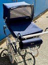 Silver Cross Navy Kids Single Pram with Hood/Canopy, Rain Cover & Basket/Bag.
