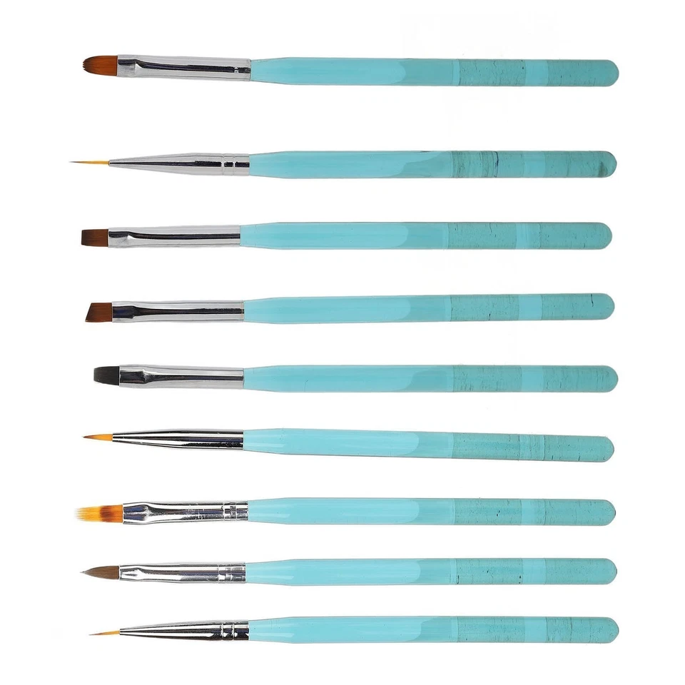Juego de 9 brochas para arte en uñas de nailon para diseño de uñas con azul transparente Foto 3 de 4