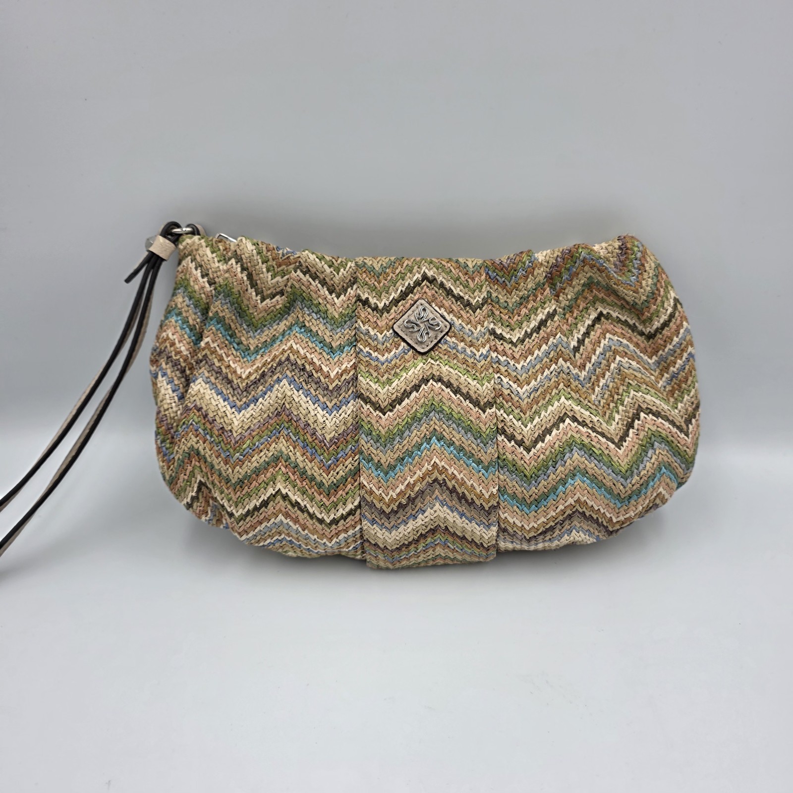 Simply Vera ~Vera Wang Straw Wrislet Clutch Purse Stripes Brown Green Tan Blue