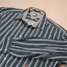 Tommy Hilfiger Button Up Men XL Green Striped Long Sleeve Pocket Logo Academic