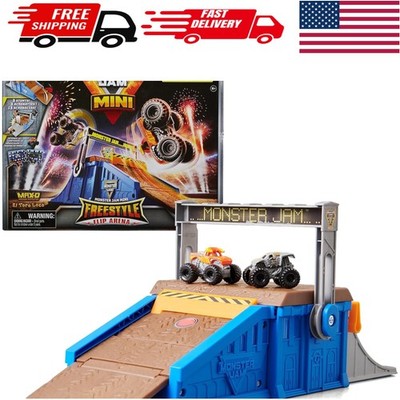 Portable Mini Freestyle Flip Arena with 2 Monster Truck Toys - Adventure Awaits!