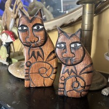 Two Vintage Carved And Painted Wooden Sitting Cat Ornaments