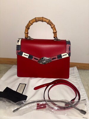 New GUCCI Red Leather Snakeskin Lilith Top Bamboo Handle