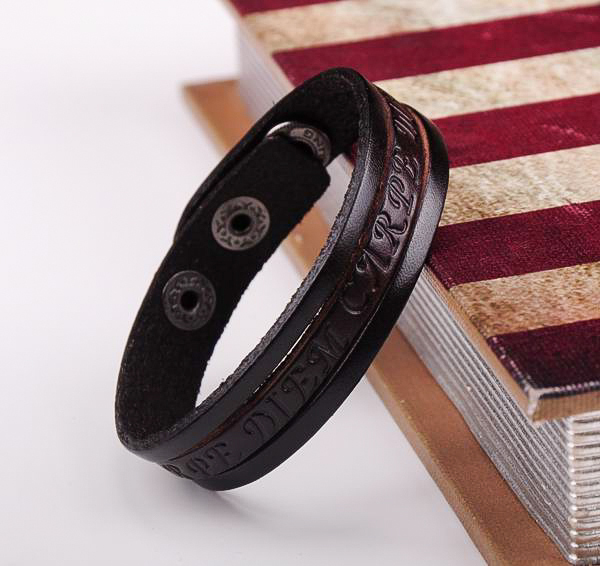 Handmade Blue Vintage Embossed Leather Wristband Bracelet – Single Wrap Cuff For Men (Alloy, 22cm)