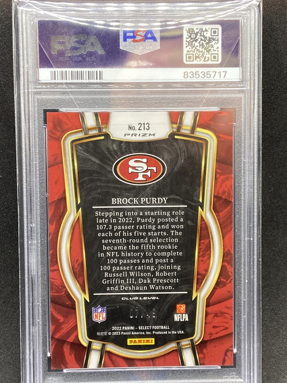 BROCK PURDY 2022 PANINI SELECT ROOKIE RC RED DISCO PRIZM 7/49 # 213 PSA 9 view 2