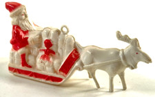 vtg Santa Claus Christmas Sleigh Reindeer Celluloid Plastic viscoloid