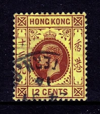 HONG KONG — SCOTT 125 —  1914 12c KGV ON YELLOW SURFACED PAPER — USED — SCV $18
