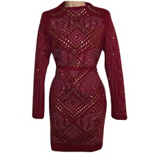 Xtaren Maroon Long Sleeve Bodycon Mini Dress Silver Sequins Zippered Size Large