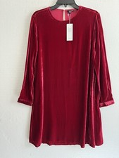 Eileen Fisher Ruby Red Silk Velvet Crew Neck Knee Length Dress Sz L NWT $348