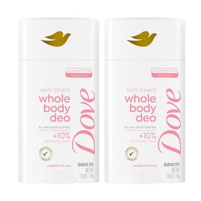 Dove Whole Body Anti-Chafe Deodorant Raspberry & Rose Aluminum Free (Lot of 2)