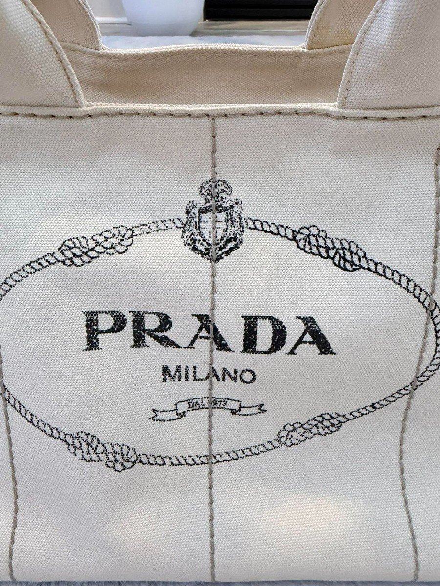 PRADA Medium Canapa Canvas Tote Bag White Logo 2-Way Shoulder