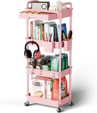 4 Tier Rolling Cart Organizer,Art Craft Diaper Bedside Snack 4Tier-Pink, Pink 