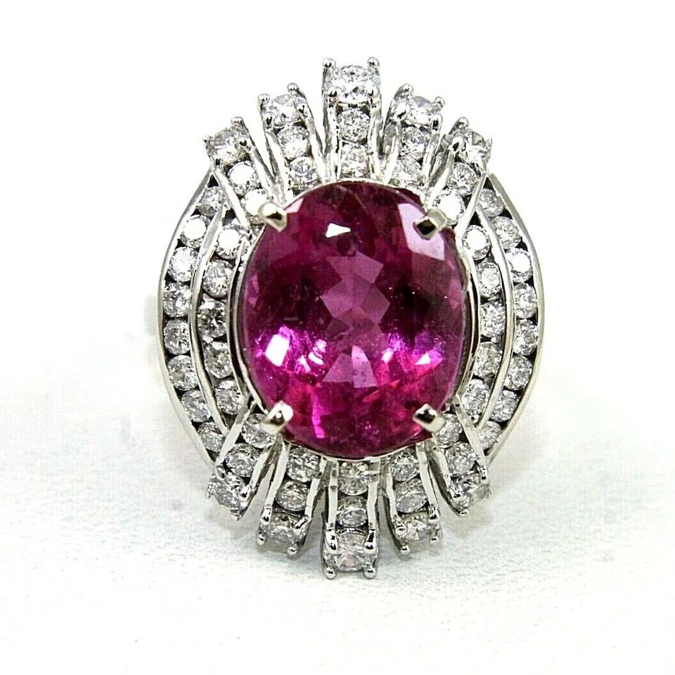 Oval Rubellite Tourmaline & Diamond Halo Solitaire Ring 14k White Gold 10.18Ct