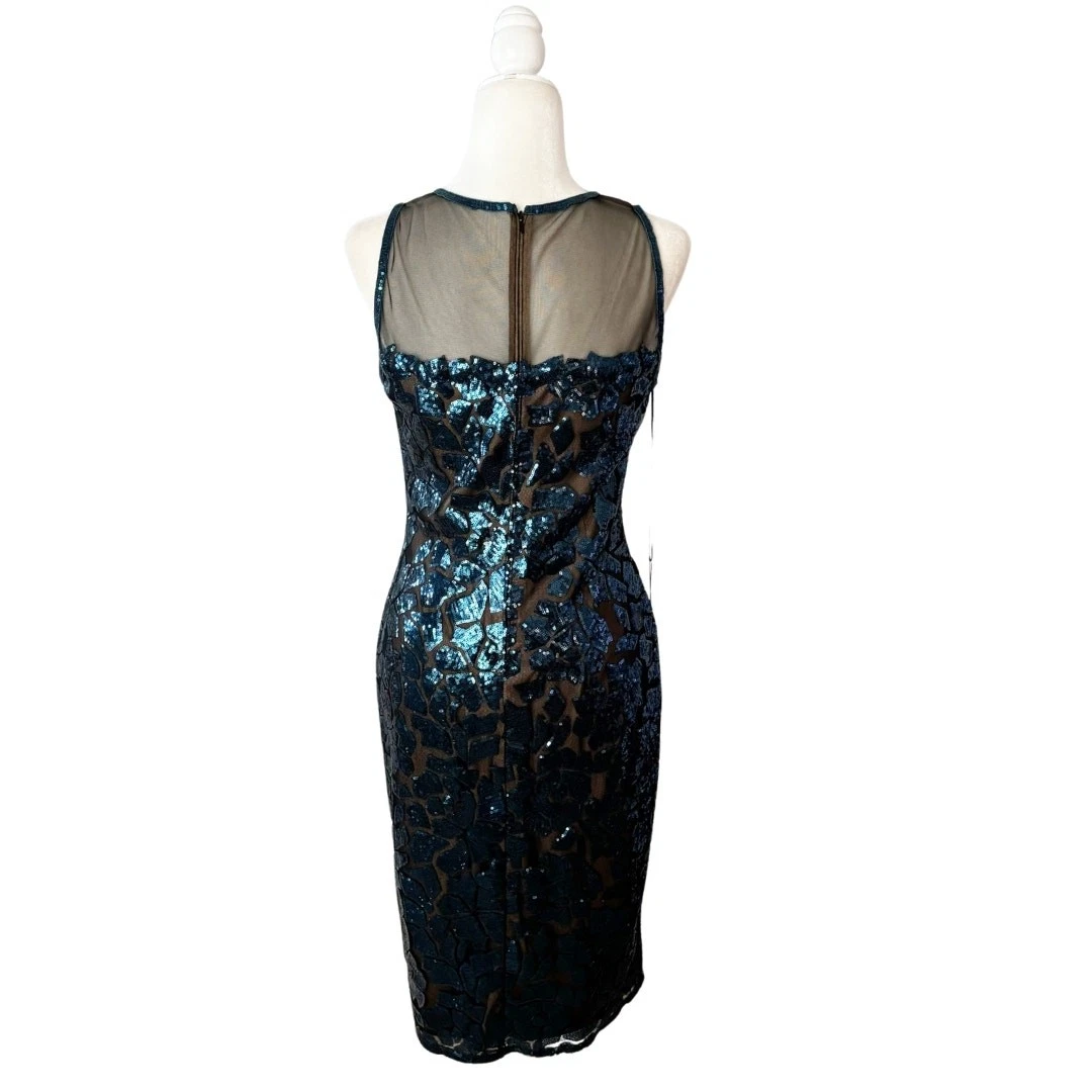 VALENTINO Abito Tadashi Shoji senza maniche Valentina paillettes 10 blu nuovo con etichetta