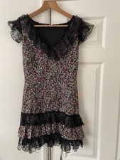 BNWOT Black multi colour floral print Ruffle lace edge lined Dress Size small 