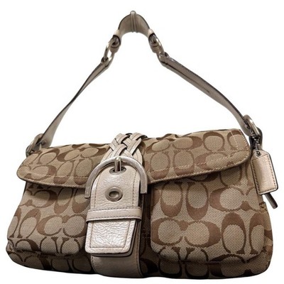 Coach 6314 Vintage Soho Buckle Flap Shoulder Bag Brown White Canvas Leather Used