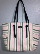 Sun N Sand Canvas Beach Tote Handbag Cream Pink Gray Stripes Leather Straps