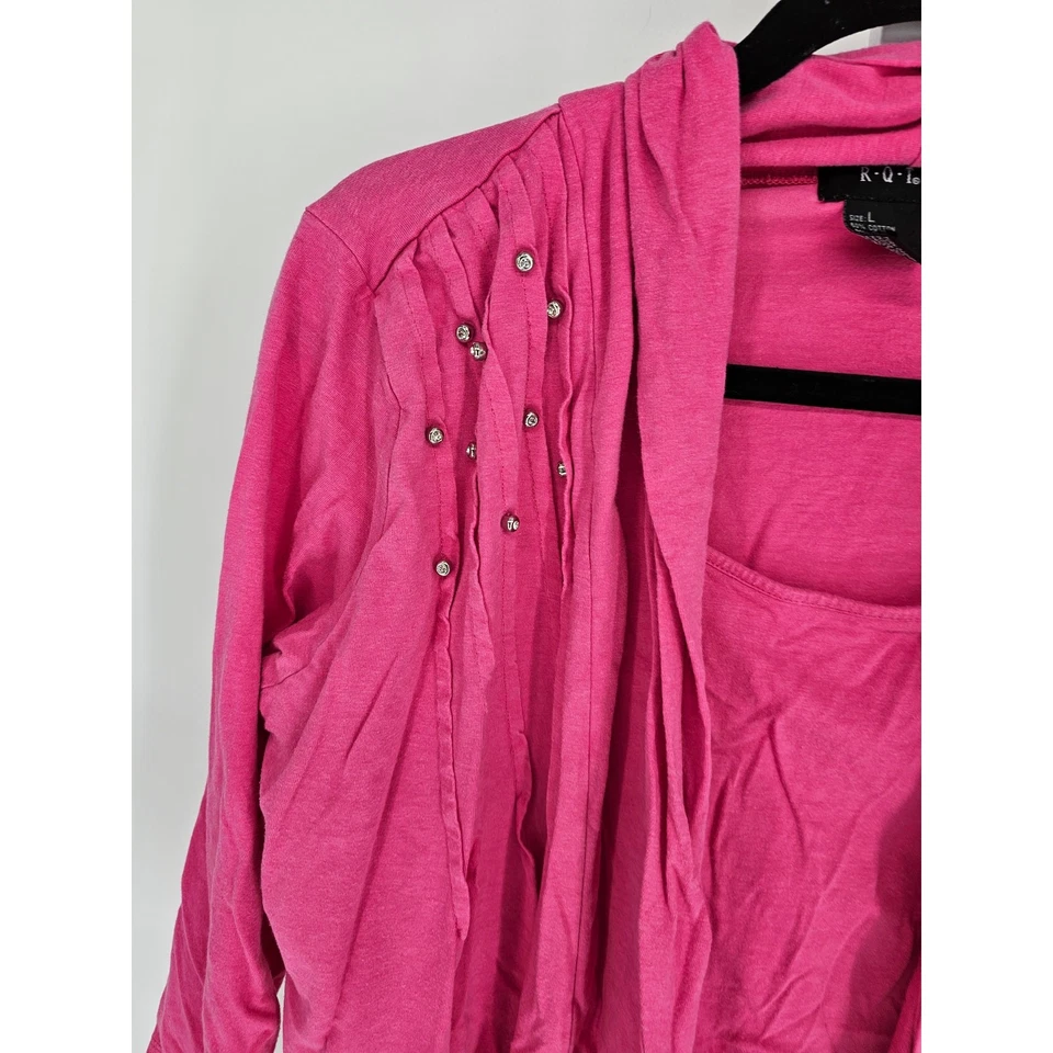 Top para mujer R.Q.T rosa manga larga frente abierto algodón-rayón talla L Foto 2 de 4