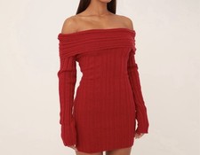 EGO Fluffy Rib Knit Bardot Dress Red Size Small (uk 8-10)