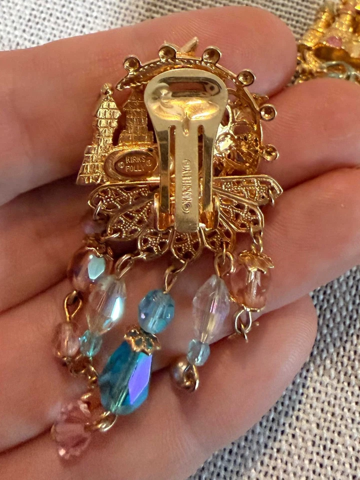 KIRKS FOLLY Moon Castle Stars DANGLE CLIP ON EARRINGS Blue Pink Beads GOLD TONE - Image 4 of 4