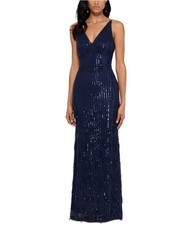XSCAPE Womens Fringe Gown Dress, navy, 6