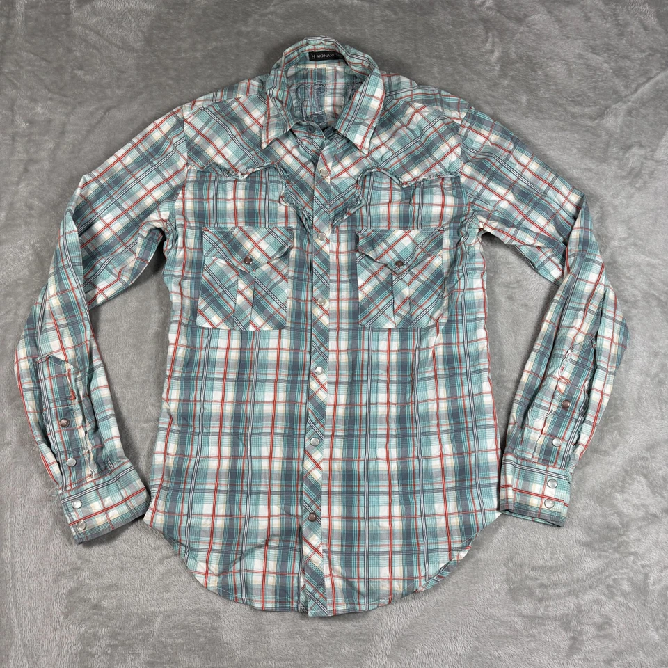 Рубашка мужская Monarchy средняя клетчатая вышитая искусственно состаренная на пуговицах вестерн Y2K - Изображение 2 из 4