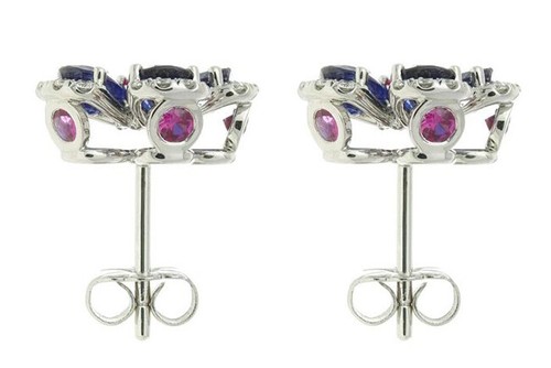 1.02ct Natural Round Diamond Ruby Sapphire White Gold Anniversary Stud Earring - Picture 3 of 3
