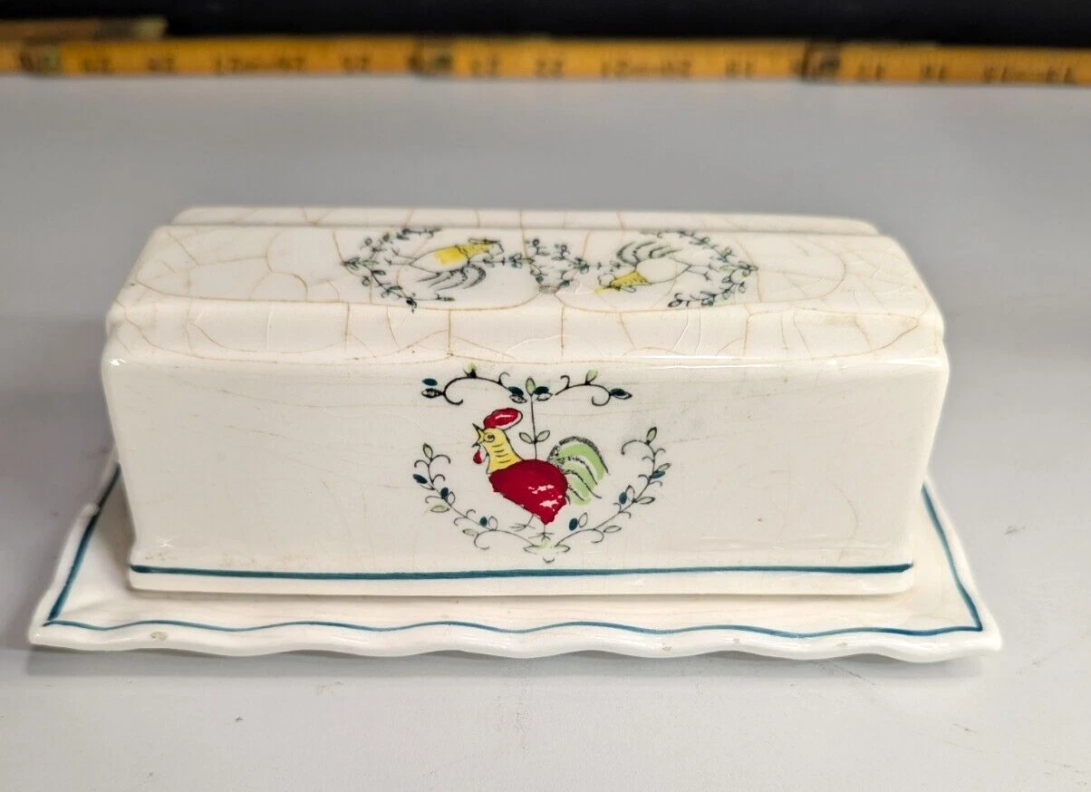 Vintage Modern Farmhouse Butter Dish ROOSTER hand painted TRIOM
