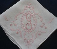 Vintage Madeira Pink Wedding Hanky Monogram G Flowers Bows Embroidery Bridal