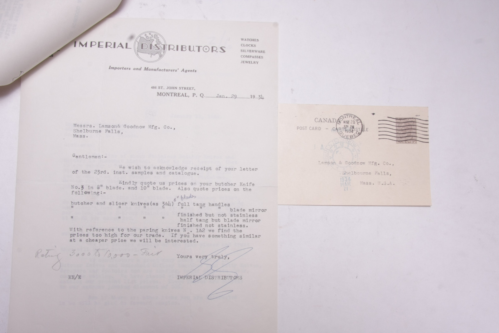 1934 Lamson Goodnow Imperial Distributors Montreal Canada Post Cd