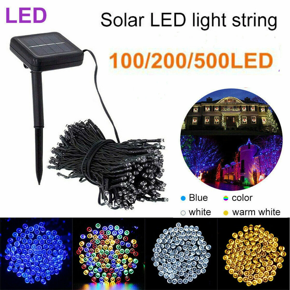 Solar Powered 100/200/500 LED String Fairy Lights Outdoor Wedding Party Decor US