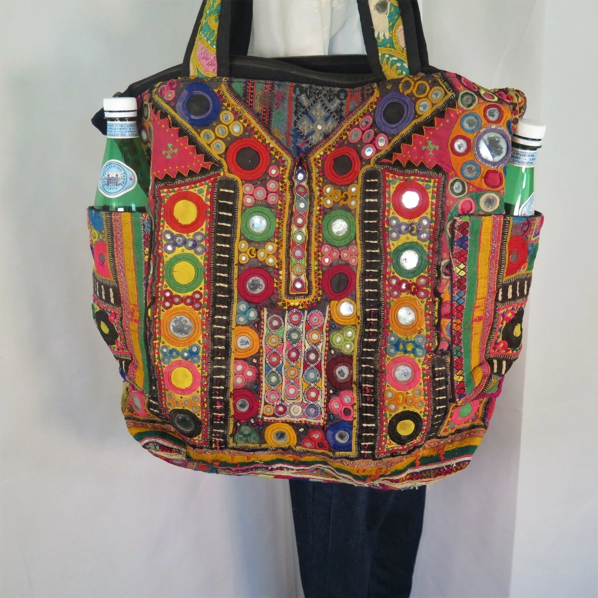 Large embroidered black leather bag, Banjara tote bag, boho