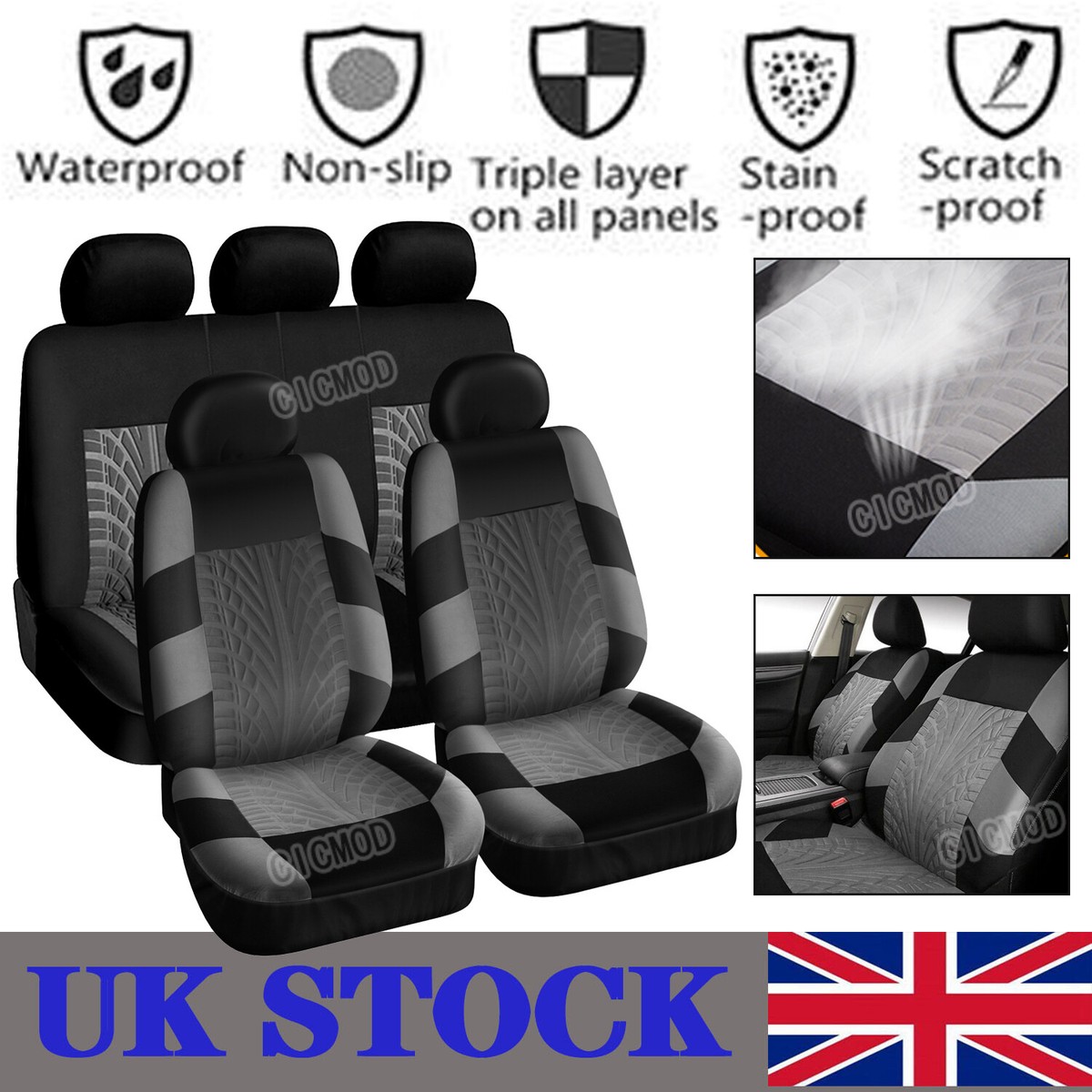 9Pcs Full Set Grey Car Seat Covers Soft Breathable Fabric