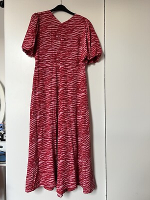 Whistles Size 12 Pink And Red Zebra Print Silk Midi Dress With Puff
