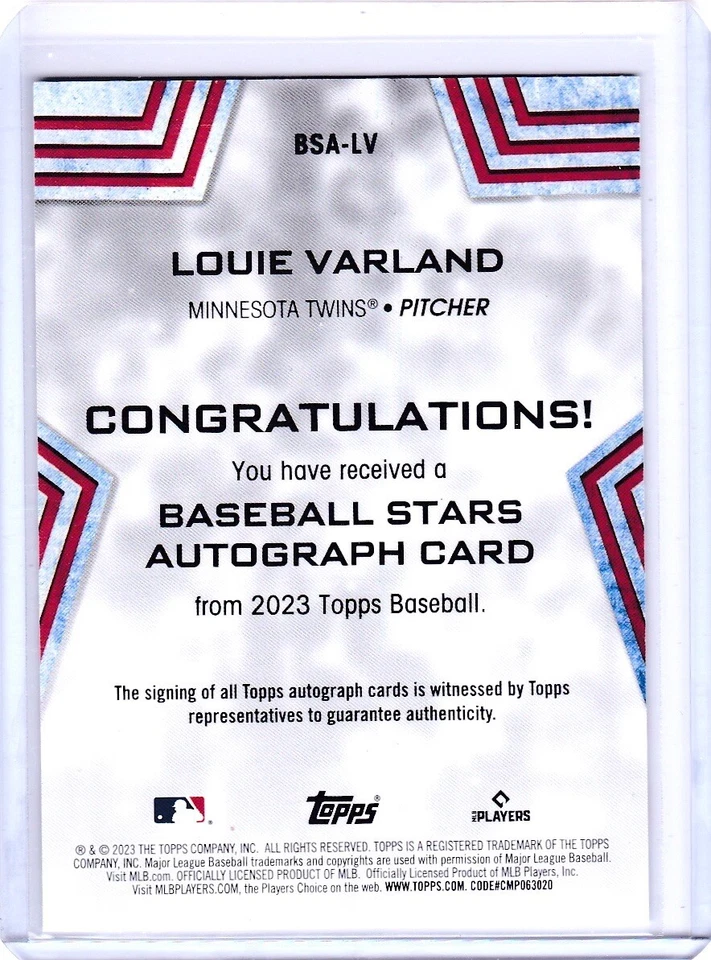 Louie Varland AUTOGRAPH ROOKIE CARD 2023 Topps #BSA-LV Minnesota Twins - Image 2 of 2