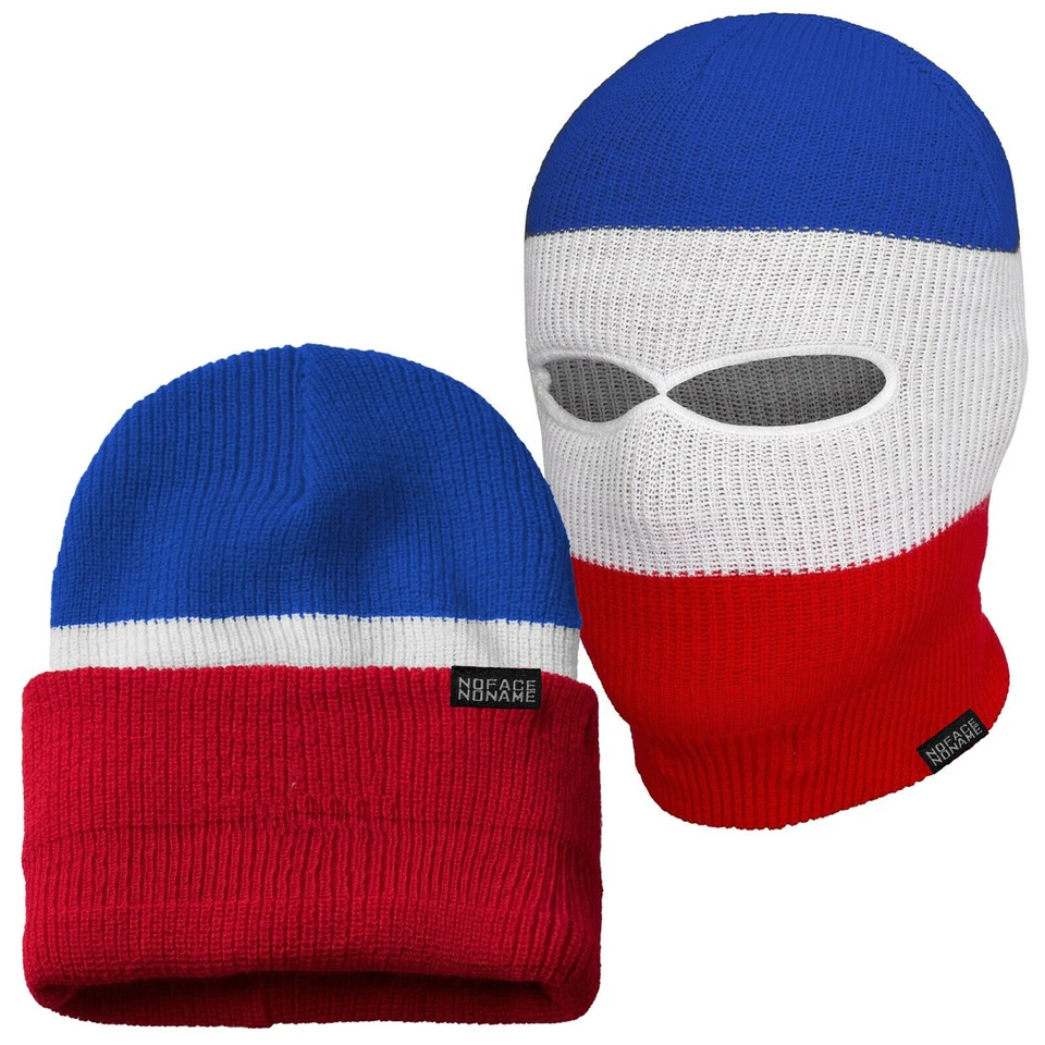 NO FACE NO NAME Sturmhaube / Mütze 2 in 1 Blau Weiß Rot Maske Beanie Balaclava Ultras Hooligans