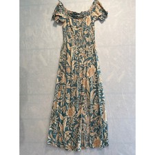 Patrons of Peace XS Floral Print Off Shoulder Maxi Dress Teal Beige