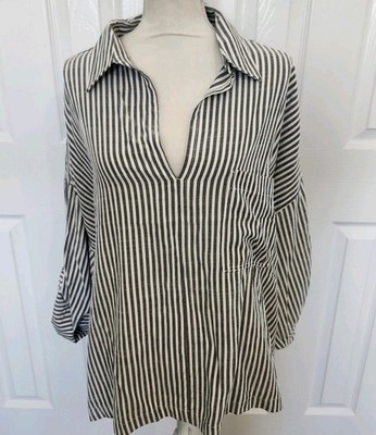 Max Studio Size 3X Gray and White Striped V-neck Long Sleeve Roll Tab Blouse