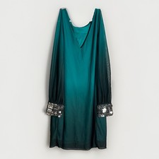BCX Teal Green Ombre Chiffon Cold Shoulder Dress Sequin Cuffs- Medium
