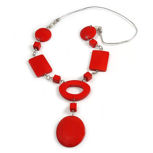 Statement Red Wood Bead Geomentric Silver Cord Necklace - 66cm L/ 13cm Front