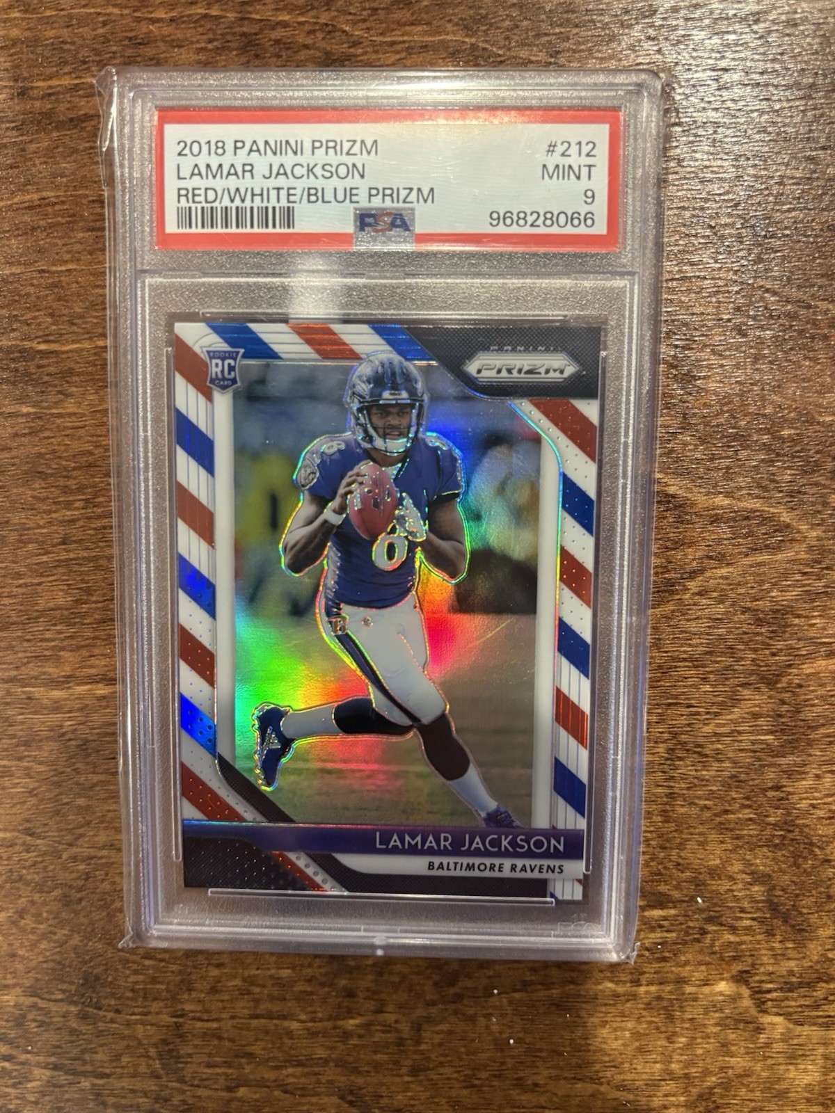 Lamar Jackson 2018 Panini Prizm RC Red White Blue Prizm #212 Ravens PSA 9 Rookie
