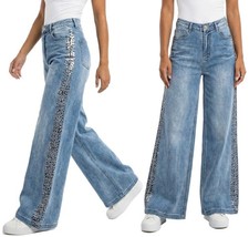 Damen Wide Leg Jeans mit Glanz Tiger Streifen High Waist Palazzo Hose Jeanshose